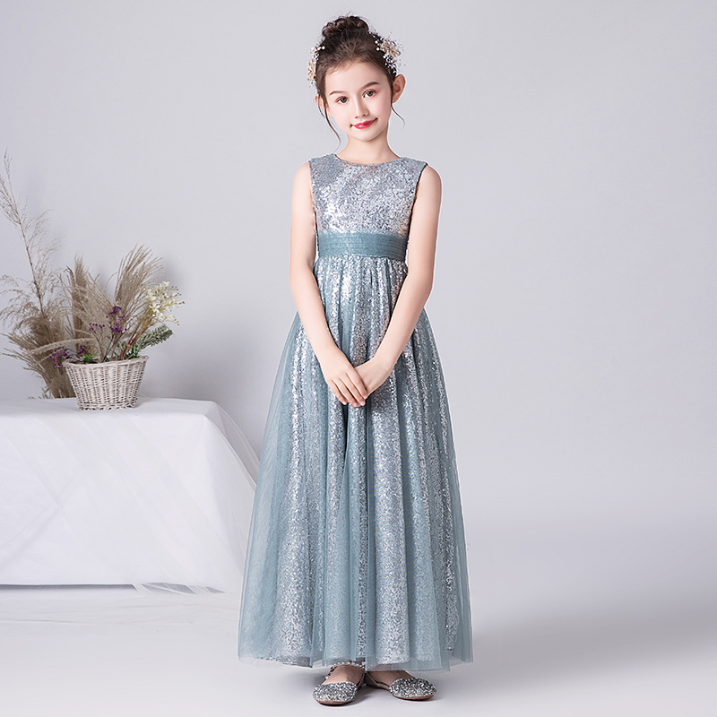 Prinzessinnenkleid für Kinder, silbergrau, hochwertiges Polyester, Bühnenkostüm für ältere Kinder, ideal für Geigenvorträge und andere Anlässe_voghion.com
