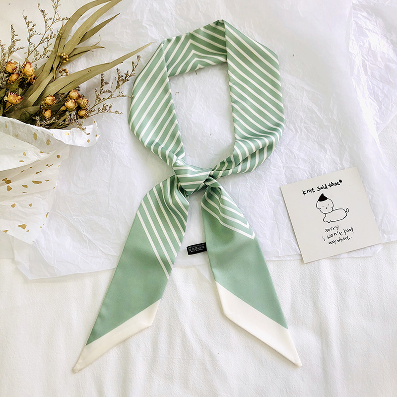 Corea del Sur delgada bufanda de seda larga y estrecha cinta de seda artificial de las mujeres banda de pelo bufanda exterior pajarita decorativa cinta de rayas bufanda