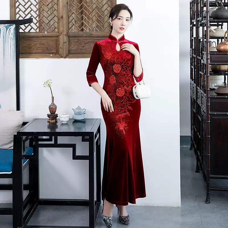 2024秋冬新款韩国绒妈妈装长款旗袍气质淑女复古名媛版立领女优雅