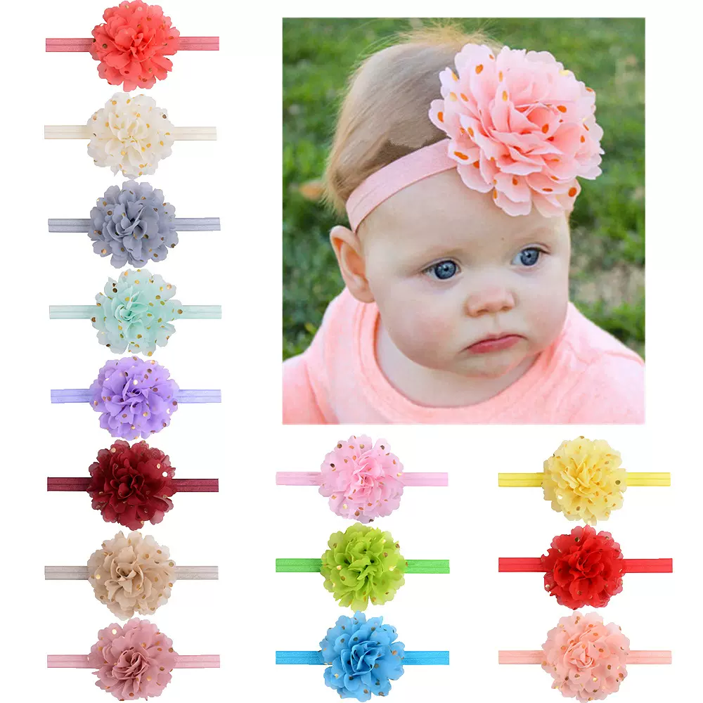 欧美外贸儿童宝宝头饰发带烫金圆点布艺雪纺立体花朵弹性头带头花