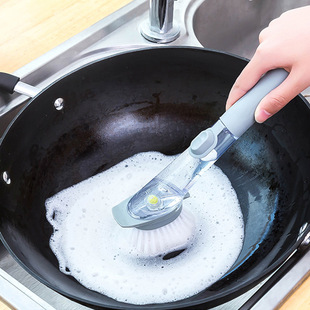 Kitchen Long Handle Pot Brush Cleaning and Washing Bowl Sponge Press Type Automatic Doser Brush Household Washing Plate Brush