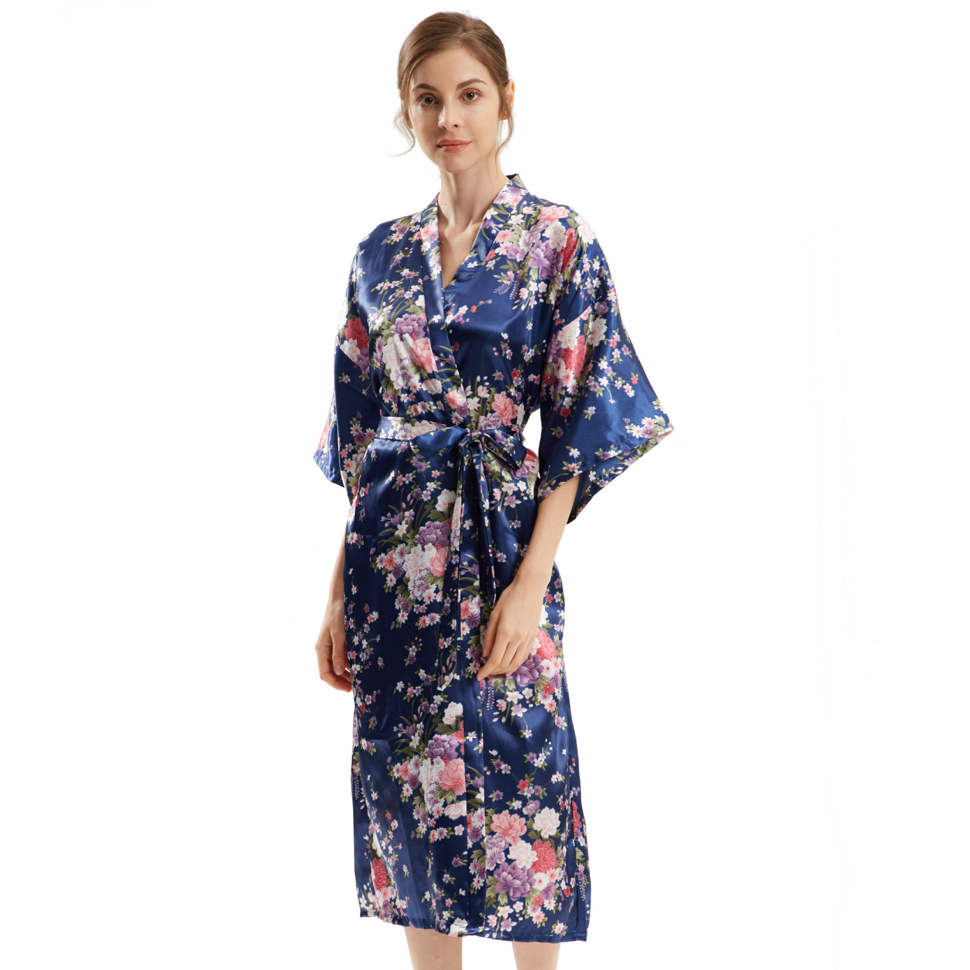 Cross-border summer and autumn long sleeve simulation silk nightgown long floral foreign trade thin one-piece kimono cardigan