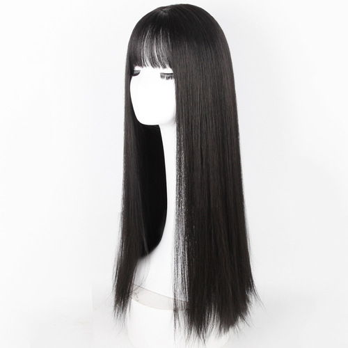 Xuchang wig headgear for women with summer long hair, air bangs, black long straight, natural full headgear wig set, one-piece hair replacement