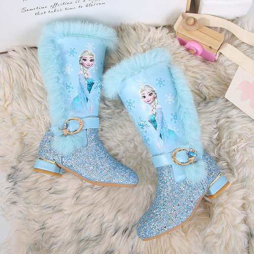 Girls high-heeled boots autumn and winter new children's high-top plus velvet snow boots Princess Elsa boots one piece drop shipping
