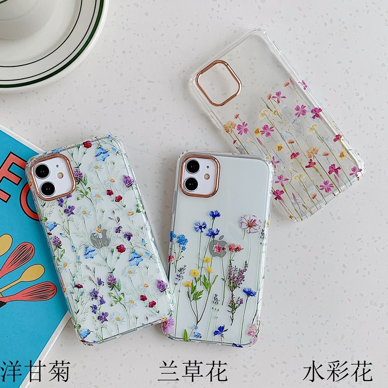 Ins Small Flower Suitable for Apple 13 Mobile Phone Case Women's iphone15Pro Transparent Electroplating 12 Art Case 14Pro