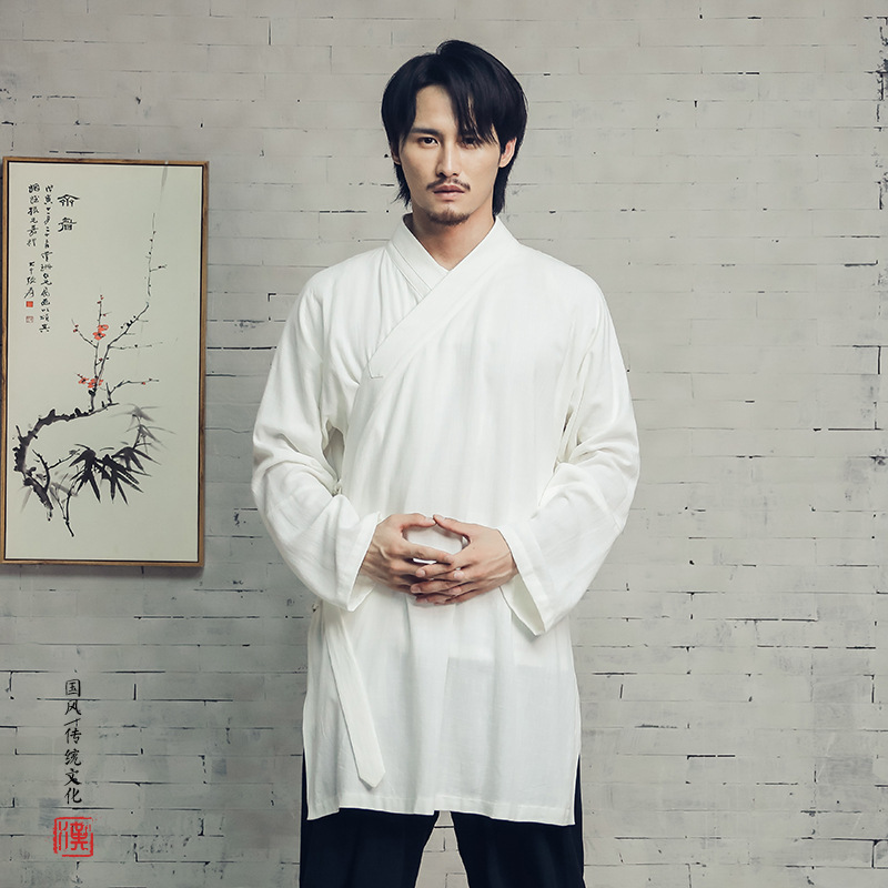 New Spring and Autumn Mid-Length Cotton and Linen Chinese-Style Robe, Improved Men's Hanfu Collar, Improved Diagonal Collar Hanfu Outerwear