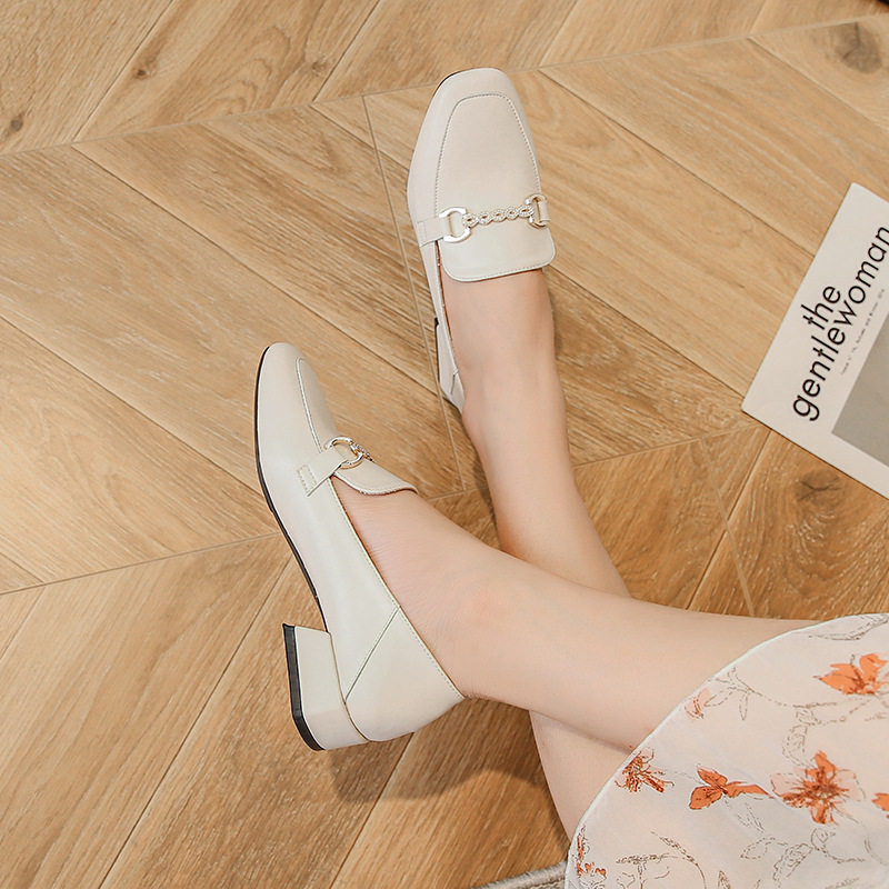 Giày lười nữ mũi vuông gót vuông 3–5 cm kiểu Anh, da sợi mảnh, form rộng size lớn — Màu mơ, Màu đen