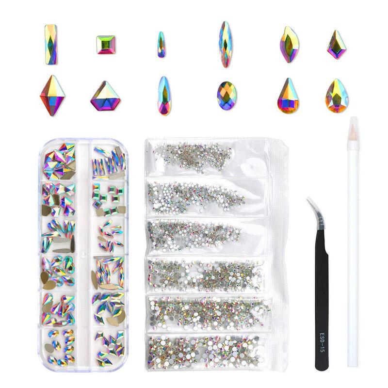 Nail Art Jewelry 120 Pieces Multi Shape Glass Crystal AB Shaped Diamond Rhinestone Mixed Crystal 3D Flat Gem Set