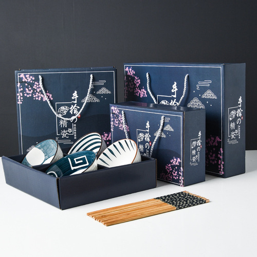 Japanese bowl and chopsticks set creative and practical gift hand-painted blue and white porcelain bowl ceramic tableware set gift box printed logo