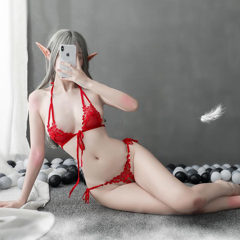 메이나이얼 여성용 시스루 레이스 스트랩 3피스 잠옷, 유혹적인 오픈 가랑이 디자인, 탈부착 불필요 세트