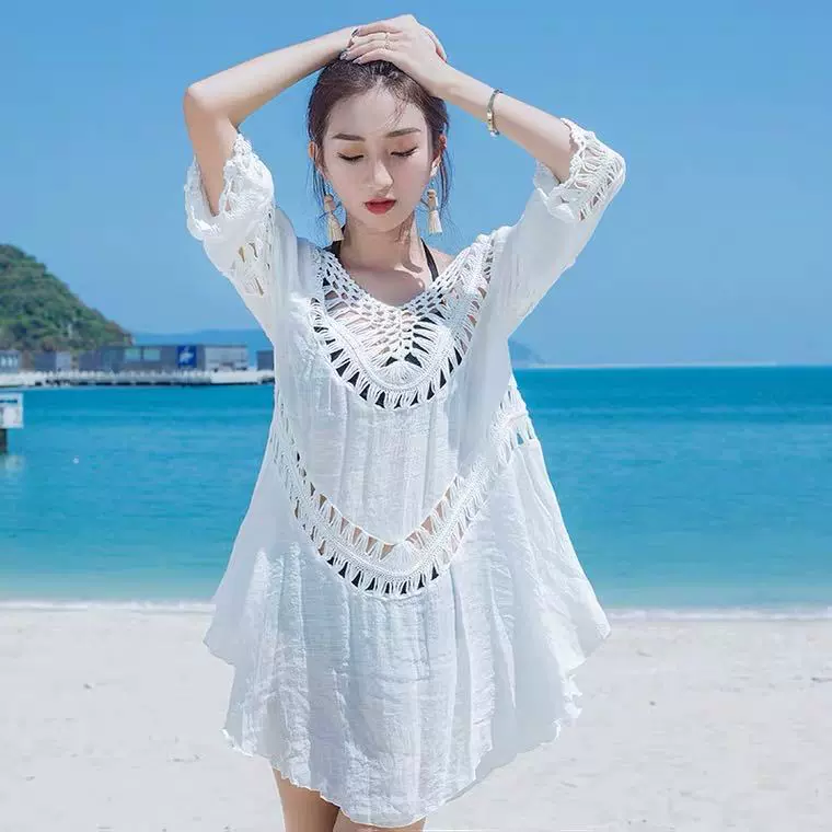 温泉海边度假衬衫比基尼罩衫泳衣镂空白色中长款沙滩外套防晒衣
