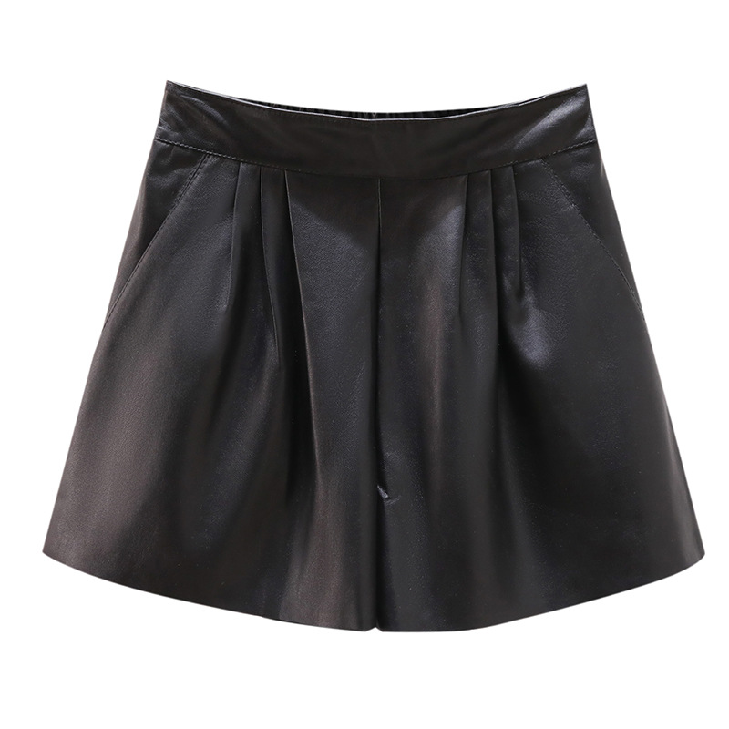 K Leisure Hot Pants PU Leather Shorts Versatile Elastic Waist Wide Leg Slimming_ecoleips.com