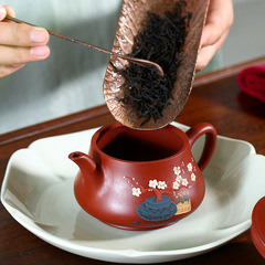 Teapot Yixing purple sand pot famous handmade clay painted plum blossom ore Dahongpao leisure pot household tea set