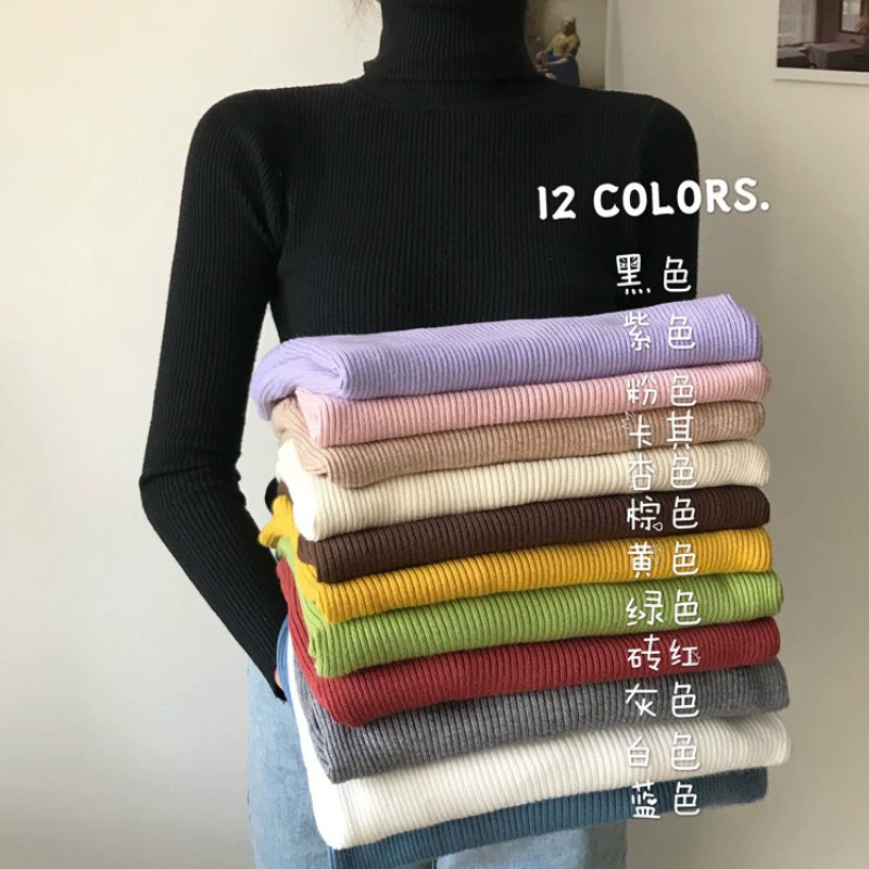 Женский теплый свитер-гольф из 12 цветов, весна-осень 2025, новый, однотонный, облегающий, с длинным рукавом, трикотажный базовый топ