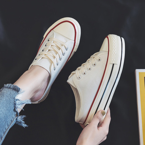 Heightened half slippers 2024 summer and autumn heelless canvas shoes for female students Korean version versatile breathable thick sole 6066
