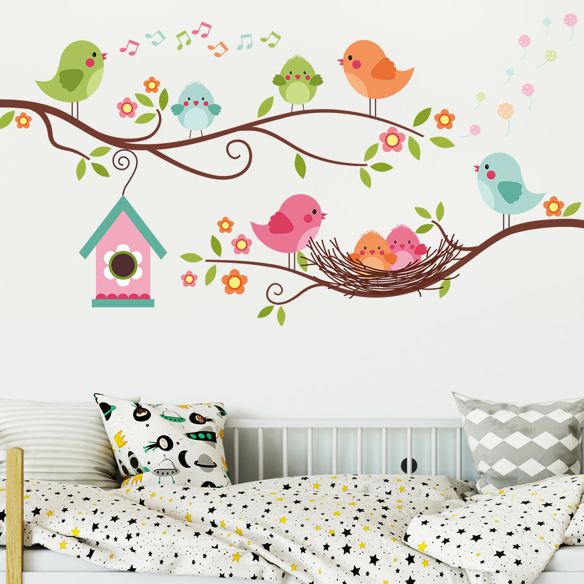 Y1782 branch bird small house bird's nest wall stickers children's bedroom study decorative wall stickers set of 4