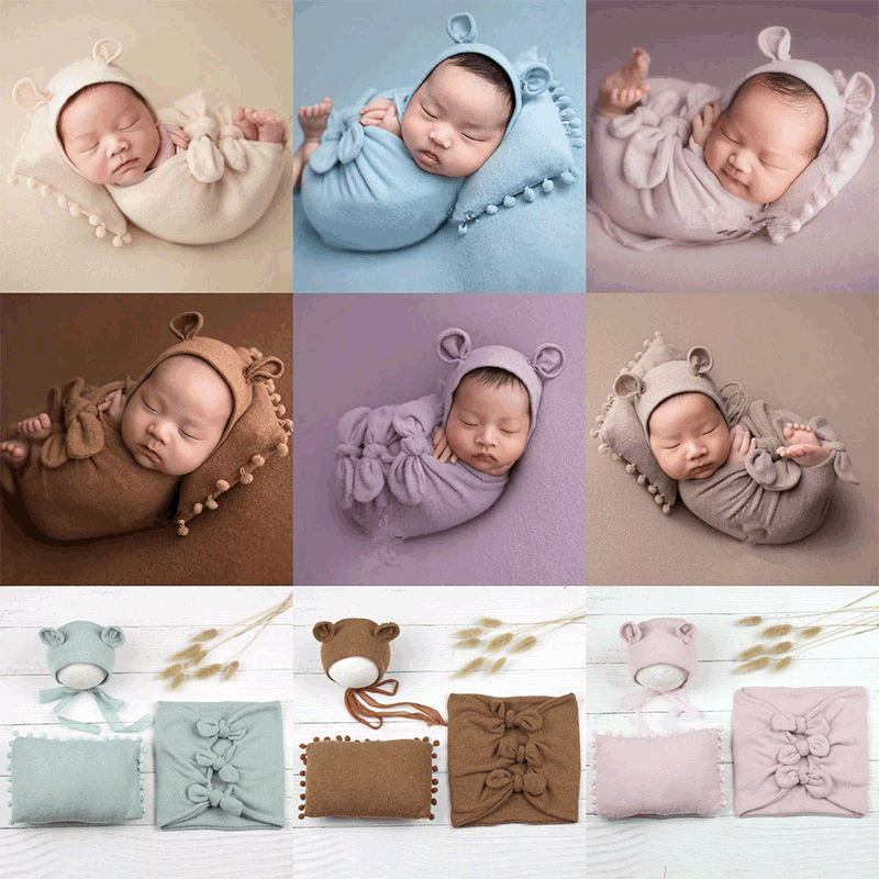 Cross-Border Newborn Photography Props Wrapped Baby Full Moon Photo Background Clothing Hat Photo Studio Photography Three Pieces