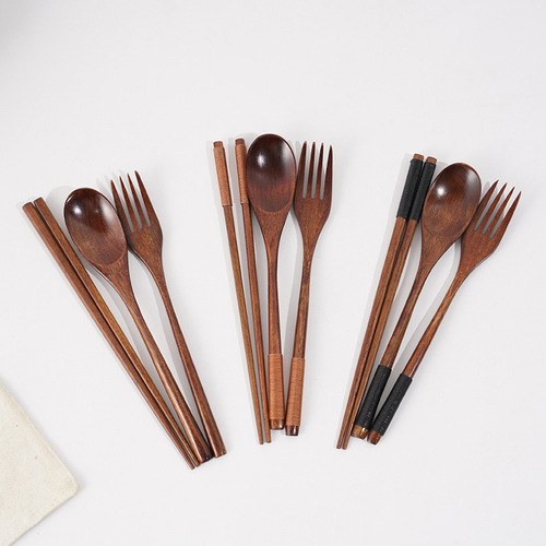 Wooden spoon, fork and chopstick set wholesale nanmu old lacquer spoon, chopstick and fork three-piece set factory wholesale laser engraving