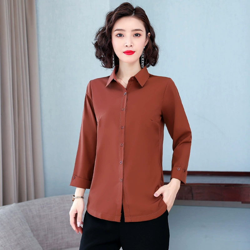 Spring autumn burgundy body-friendly shirt for mother, western style, for middle age, plus size