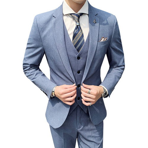 Men's New Three-Piece Suit Set Slim Korean Style Business Casual Wedding Guest Suit Groom's Companion Dress Set Elegant High-End