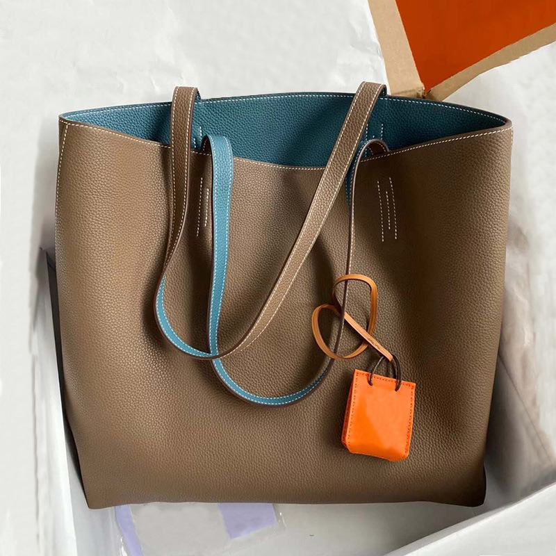 Large Women's Bag 2020 Versatile Shopping Bag Shoulder Bag Double-Sided Top Layer Cowhide Tote Bag Large Capacity Women's Bag Color-Blocking Large Women's Bag 2020 Versatile Shopping Bag Shoulder Bag Double-Sided Top Layer Cowhide Tote Bag Large Capacity Women's Bag Color-Blocking
