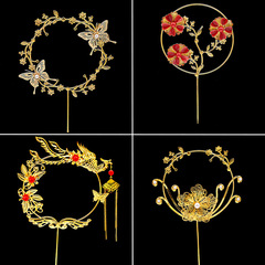 Original Birthday Cake Ancient Style Gold and Red Festive Insert Banner Baking Decoration Banner Phoenix and Butterfly Ornament