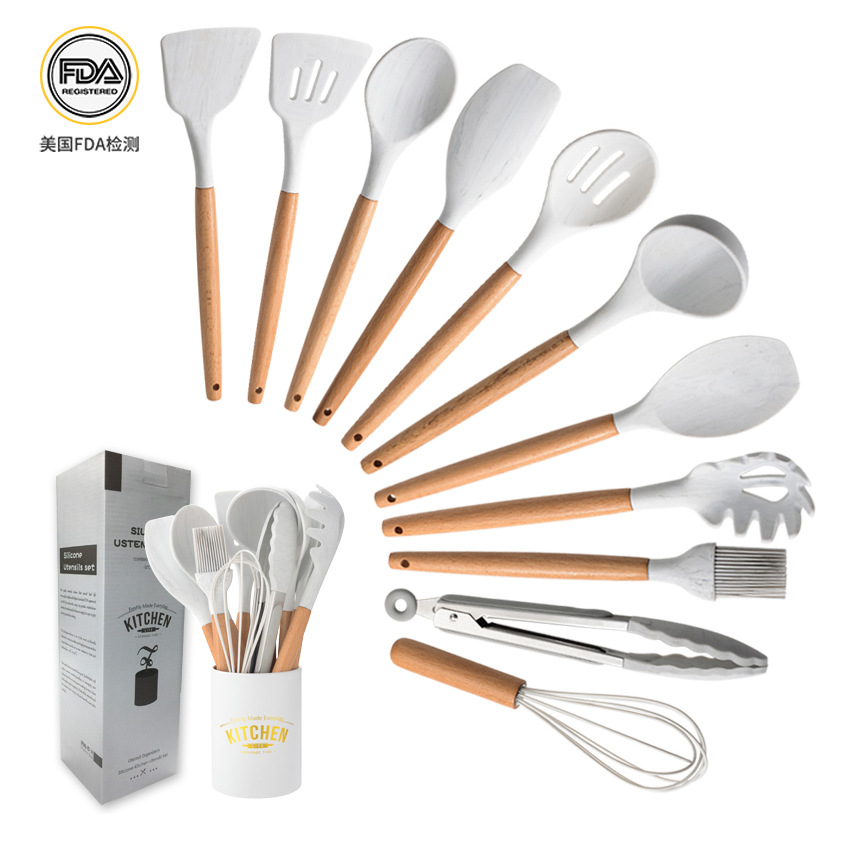 Marbled White Wooden Handle Silicone Kitchenware Set11-piece Non-stick Cooking Tool Kitchen Set