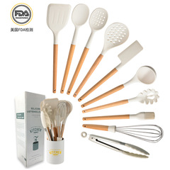 Milky white wooden handle silicone kitchen utensil set 10-piece kitchen tool non-stick spatula spoon kitchen set