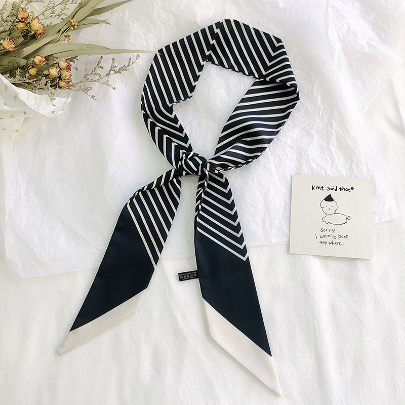 Corea del Sur delgada bufanda de seda larga y estrecha cinta de seda artificial de las mujeres banda de pelo bufanda exterior pajarita decorativa cinta de rayas bufanda