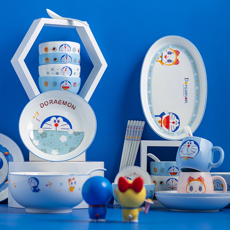 Cartoon Doraemon Genuine Authorized Ceramic Bowl and Plate Household Kitchen Cute Fruit Salah Bowl Breakfast Plate Cup