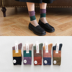 Autumn and winter socks, women's mid-calf socks, Japanese thick-needle color-matching ladies' pile socks, retro warm Zhuji cotton socks wholesale