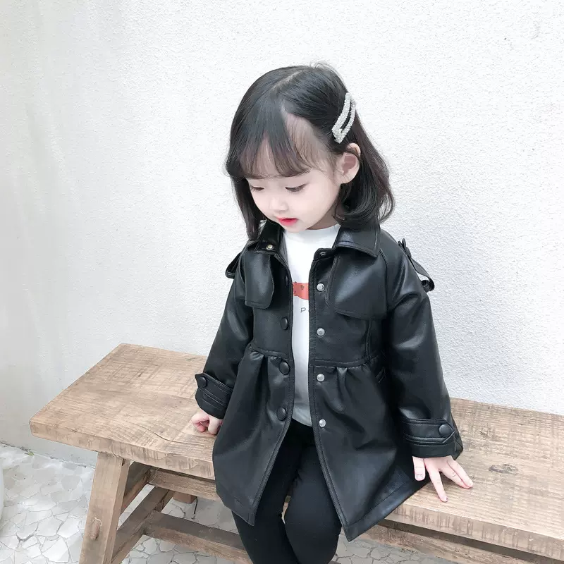 中小童皮衣春秋潮范宝宝长款皮装女童小风衣外套儿童皮衣加绒夹棉