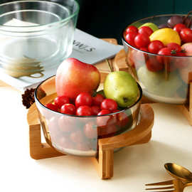 简约竹木底座玻璃水果盘客厅零食盘家用水果碗沙拉碗餐厅自助餐碗