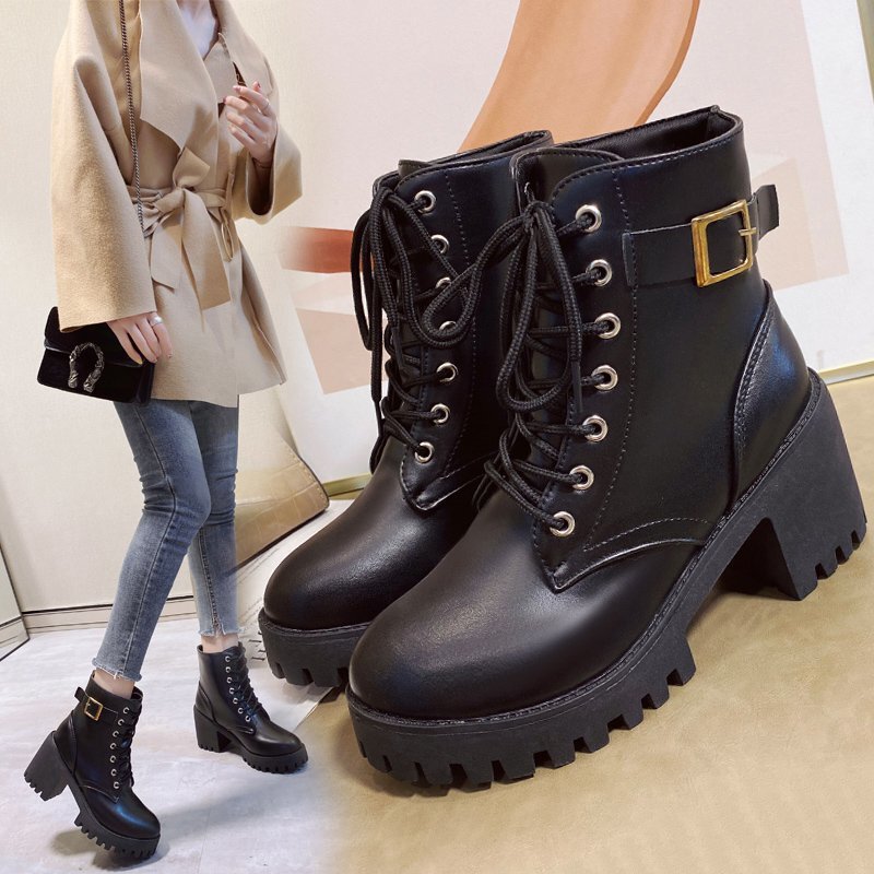 European and American Large Size Autum New Single Boots Lace-Up Black Boots Round Toe Thick Heel High Heel Belt Buckle Women's Short Boots Trendy