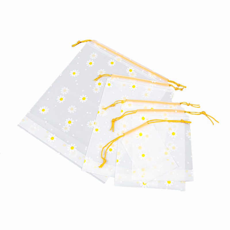 Procesamiento personalizado de margarita pequeña cuerda de dibujo bolsa de PE esmerilado bolsa de almacenamiento cosméticos joyería bolsillo de cuerda