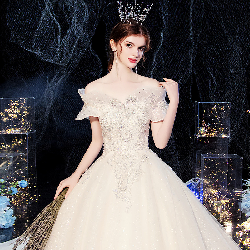 Vestido de Novia Principal Estilo Cielo Estrellado 2026 Nuevo Modelo Elegante para Novia con Hombros Descubiertos y Cola, Vestido de Novia de Ensueño Estilo Hada para Tallas Pequeñas, Verano.