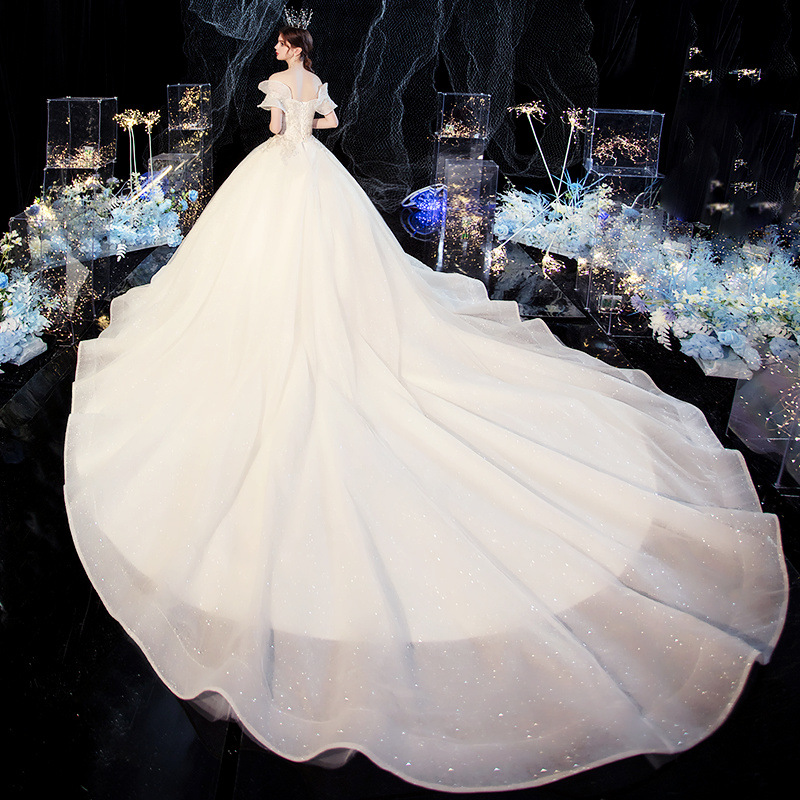 Vestido de Novia Principal Estilo Cielo Estrellado 2026 Nuevo Modelo Elegante para Novia con Hombros Descubiertos y Cola, Vestido de Novia de Ensueño Estilo Hada para Tallas Pequeñas, Verano.