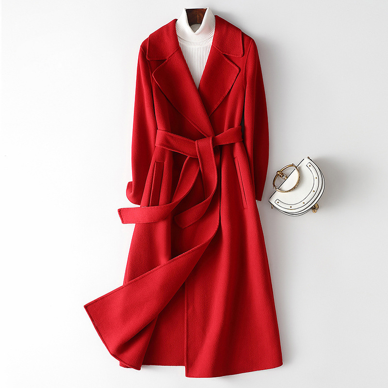 Double-Sided Cashmere Coat for Women, Long Style, Autumn and Winter New Style, Over-The-Knee, Wedding Red, High-End Autumn and Winter Woolen Coat for Women