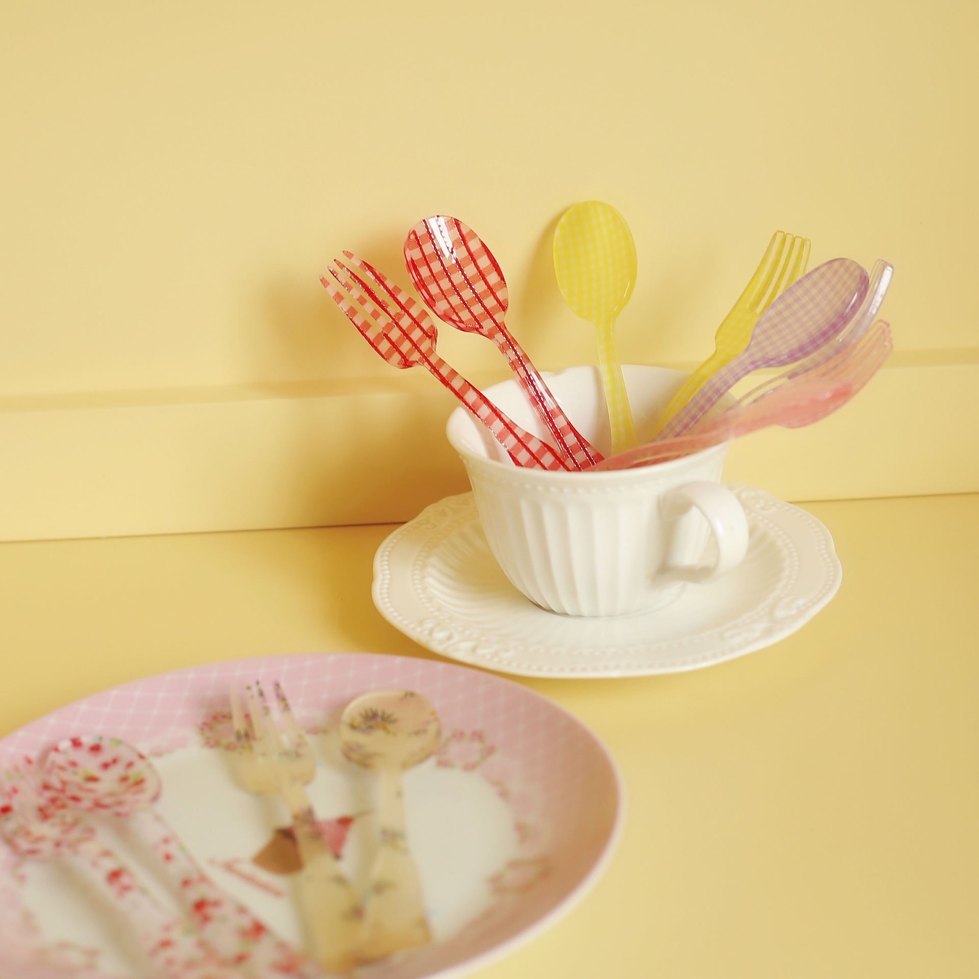 Style Plastic Fork Spoon Striped Plaid Flower Acrylic Fork Spoon Cake Dessert Tableware Photo Props