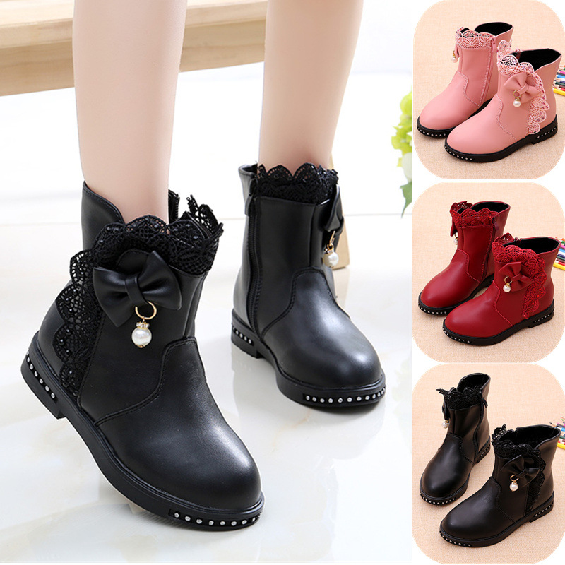 Children's boots girls' boots autumn and winter 2023 new Korean version little girls cotton shoes plus velvet baby princess leather short boots