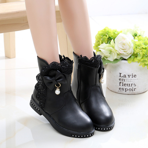 Children's boots girls' boots autumn and winter  new Korean version little girls cotton shoes plus velvet baby princess leather short boots
