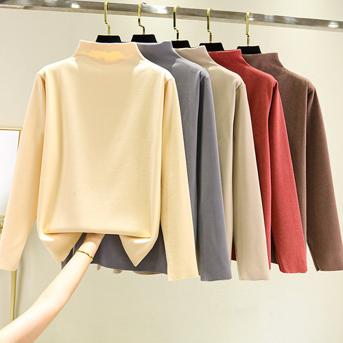  winter Korean style slim warm half-high-collar long-sleeved bottomed shirt for women's casual large-size German velvet T-shirt can be worn outside