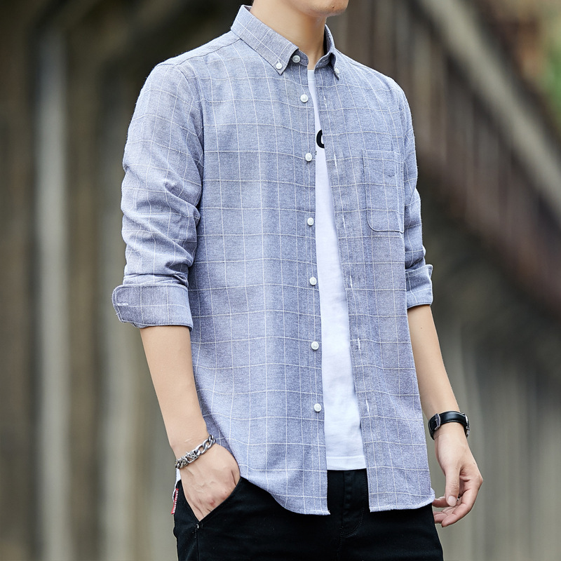 2026 New Men's Long-Sleeved Shirt Men's Plaid Striped Oxford Casual Shirt Men's Korean Style Slim Shirt