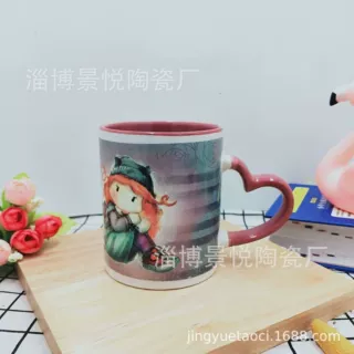 色釉陶瓷杯 心形把手马克杯 内色广告杯定制 外贸出口陶瓷杯 卡通