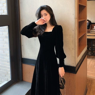 春秋新款洋气金丝绒中长款连衣裙女裙打底红色宴会礼服长裙子代发