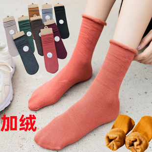 Factory Direct Sales Autumn and Winter Thickened Fleece-Lined Slouch Socks Solid Color Warm Japanese-Style Combed Cotton Mid-Calf Socks with Fleece Lining for Warmth
