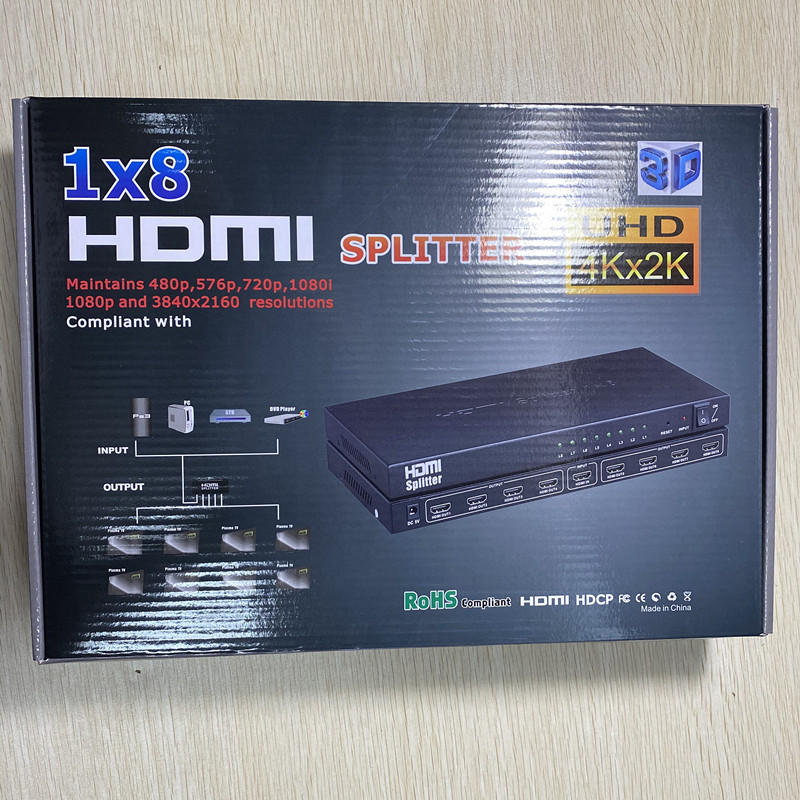 HDMI分配器1进8出 一拖八 高清4Kx2K 1080P 3D 1X8 HDMI SPLITTER