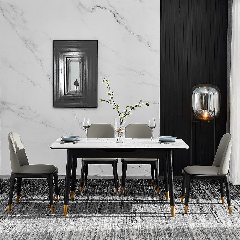 Italiano minimalista Placa de roca mesa de comedor y silla combinación simple moderno pequeño apartamento rectangular mesa de comedor retráctil una mesa cuatro sillas