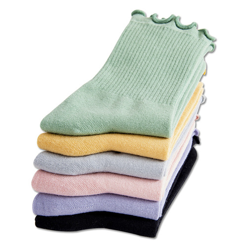 Autumn and winter fungus mid-calf socks for women Japanese new style candy-colored lace women's socks solid color elastic anti-friction cotton socks