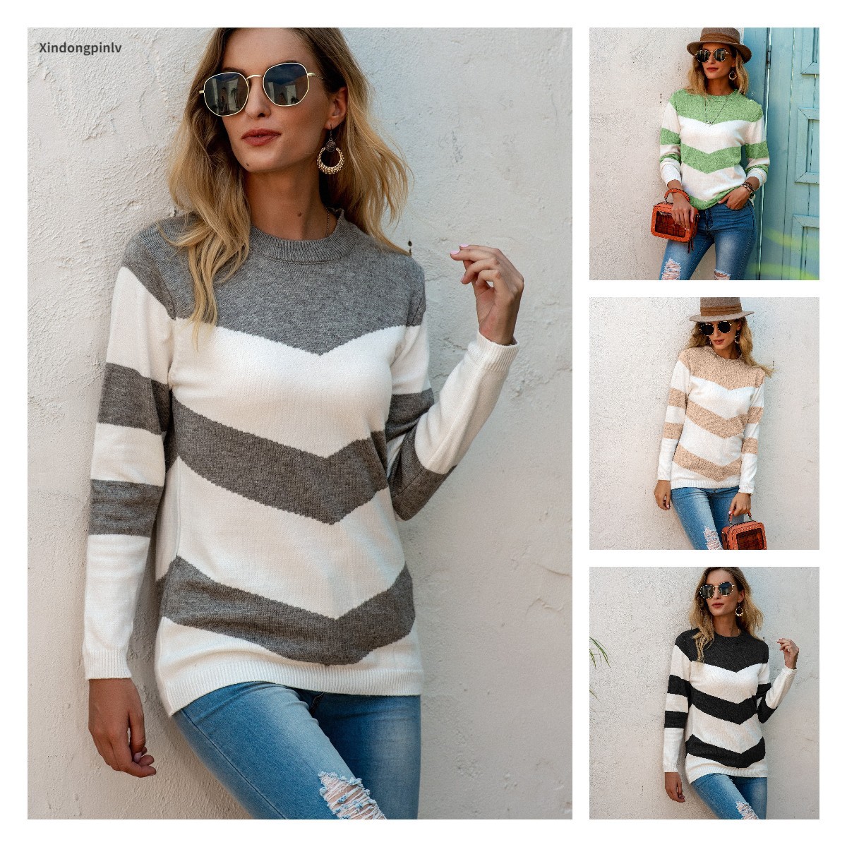 Demi-season elastic knitted sweater with a round collar
